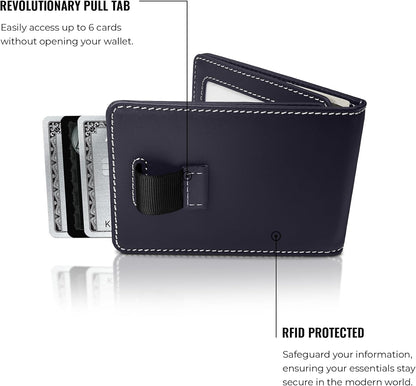 Kings Loot Wallet for Men | Minimalist Slim RFID Blocking Leather Design with Cash Pocket & Card Pull Strap | Holds 1-15 Cards | Stylish & Durable Wallets (Sapphire)