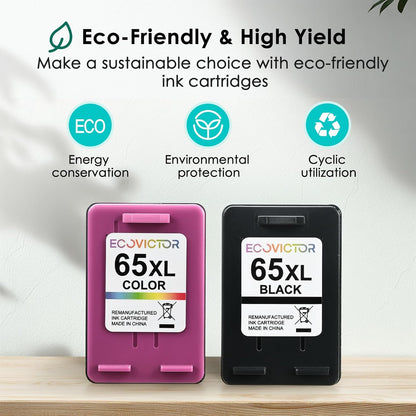 Eco-Friendly Remanufactured Ink Cartridge Replacement for HP Ink 65 XL 65XL Black and Color Combo Pack for 5055 5052 5010 5070 5014 3755 2655 3720 3722 3723 3752 3758 2652 2624 2640 Printer