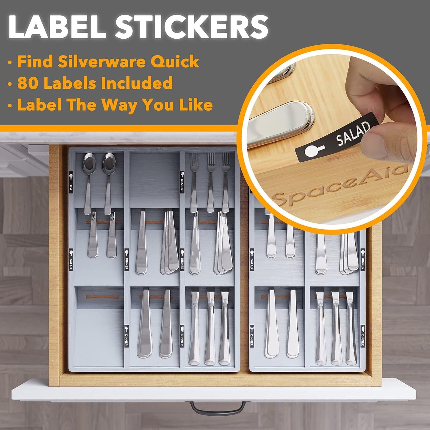 SpaceAid Bamboo Silverware Drawer Organizer with Labels, Kitchen Utensil Tray Holder Organizer for Flatware, Cutlery, Spoon and Knives Drawer Storage Organization (Gray, 6 Slots)