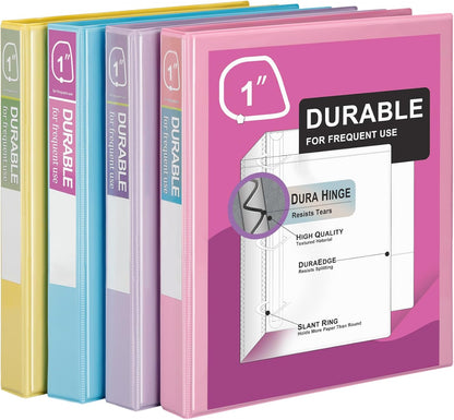 Zzrywuty Durable 3 Ring Binder, 1 Inch, Economy 4 Pack, Each Holds 225 Pages, D-Ring Presentation View Binders for Office, School, Home (Pastel Assortment)