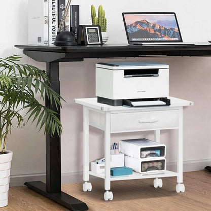 Lerliuo Under Desk Rolling Printer Stand with Drawer, 2-Tier Industrial Mobile Printer Table Desk with Storage Shelf and Steel Frame, Printer Cart Holder with Lockable Wheels for Home, Office (White)