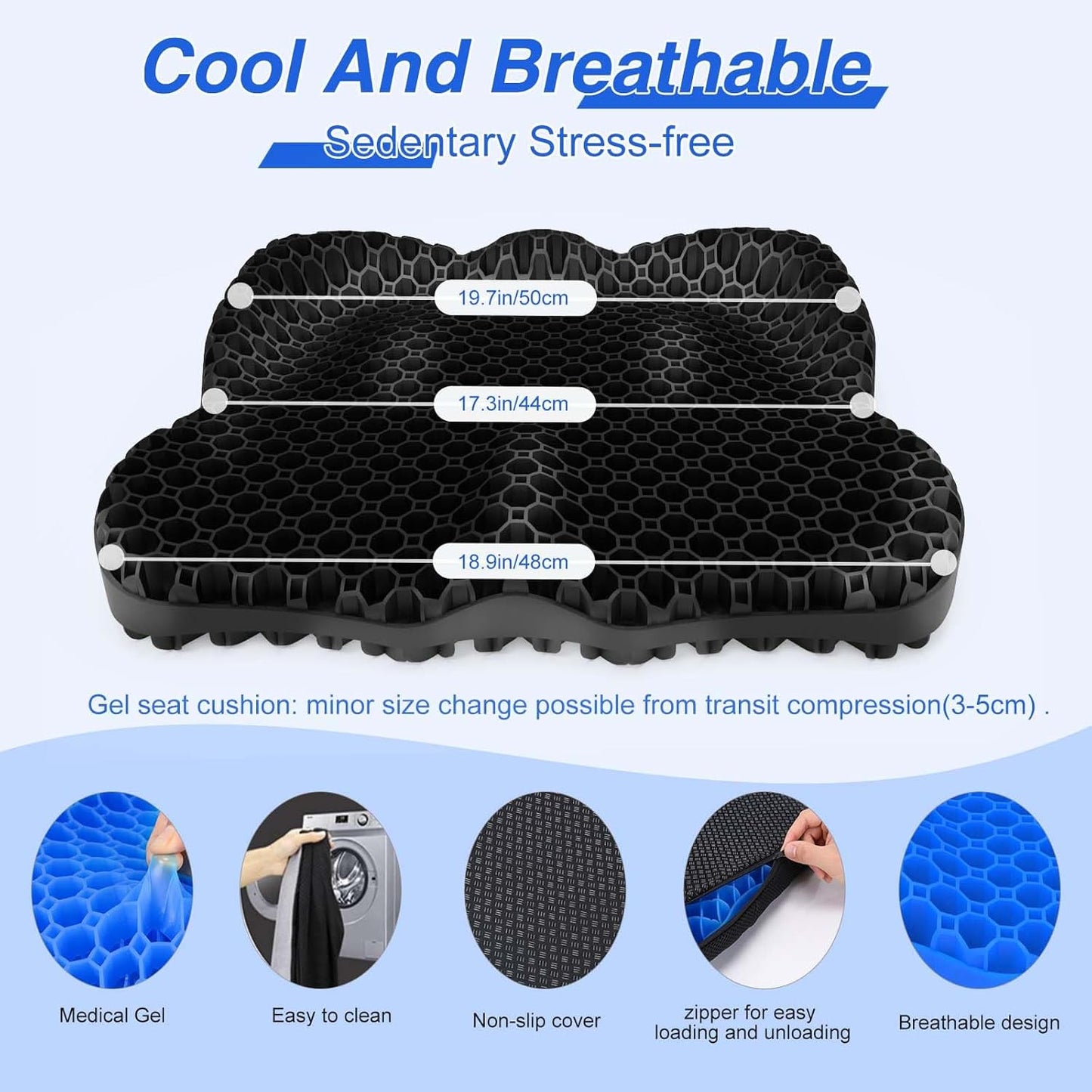 Thicken 19.7in Seat Cushion, Gel Seat Cushion for Long Sitting–Office Chair, Wheelchair, Car Cushion, Large Cooling Pad for Back Pain, Sciatica, Tailbone Pain Relief