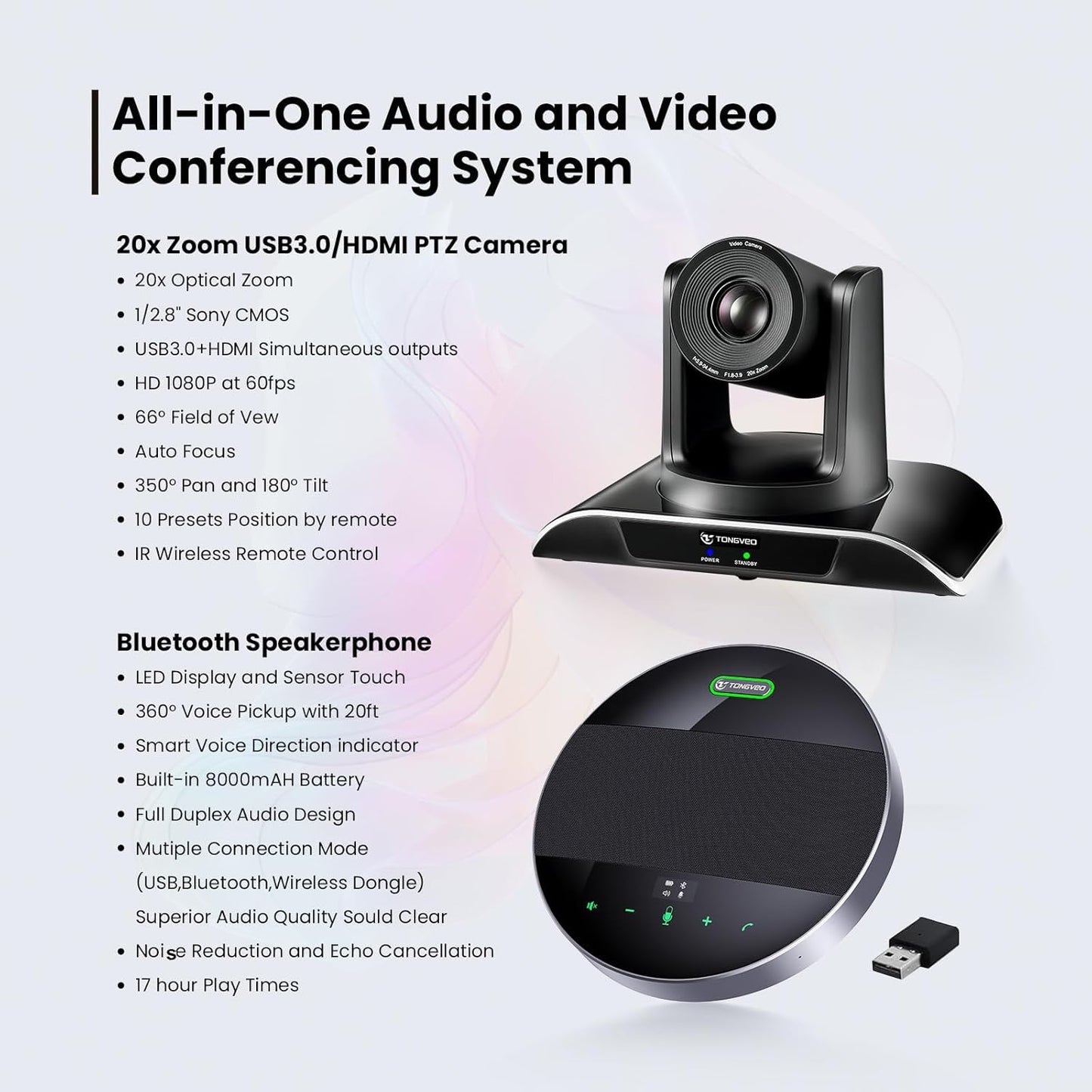 20x Zoom Conference Room Camera System TONGVEO All-in-1 Video and Audio Conferencing System 20X Optical Zoom USB3.0 HDMI PTZ Camera and Conference speaker with microphone Bundle for large Meeting Room