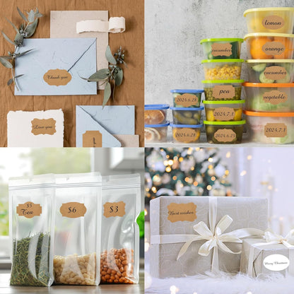 Dark Kraft Labels Stickers, 250 PCS 3" x 2" Fancy Shape Stickers Labels for Storage Box or Food Jars Holiday Present Stickers Christmas Gift Tags