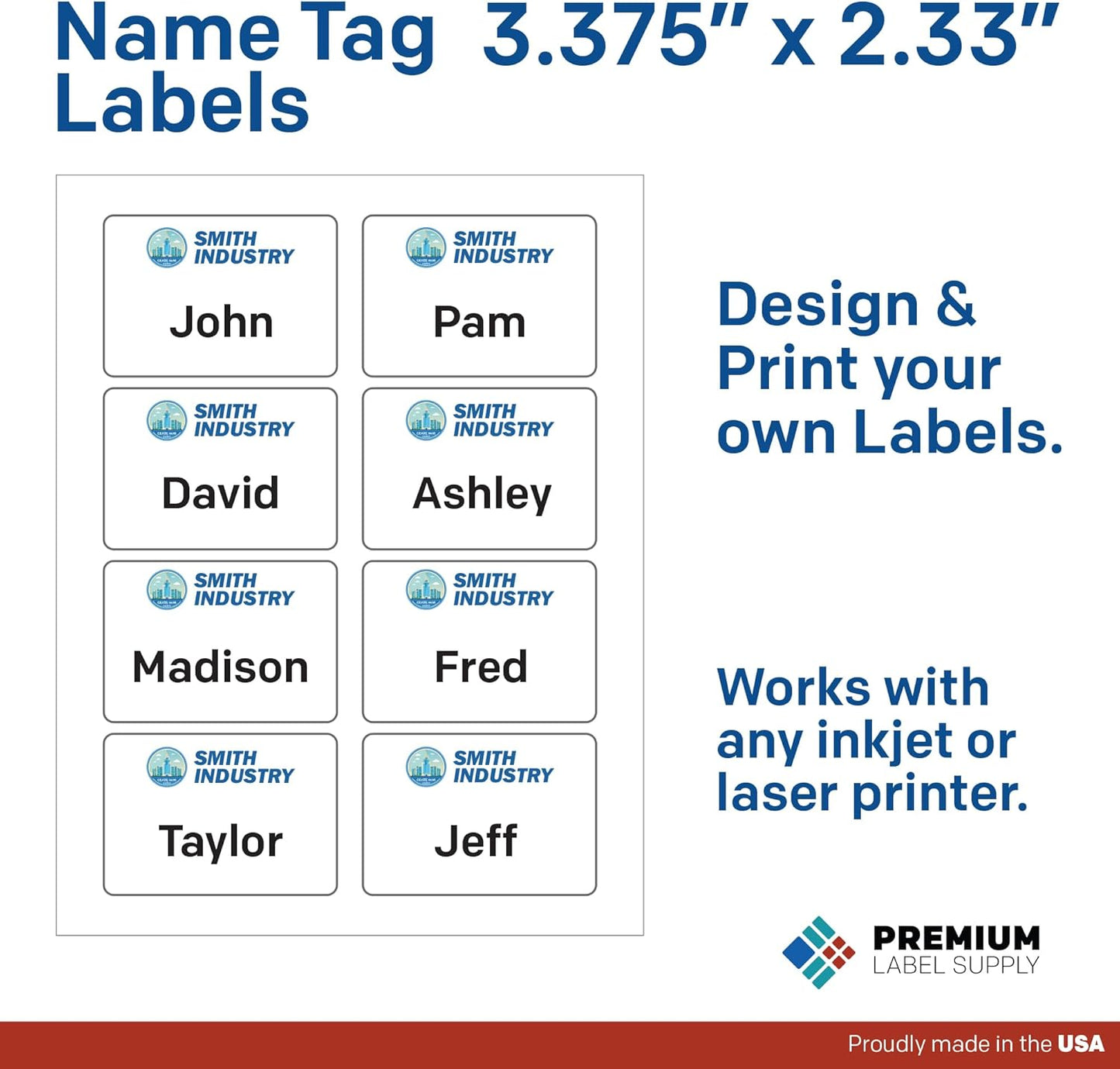 Premium Label Supply Blank Printable Name Tag Stickers - 2-1/3" x 3-3/8" - Laser/Inkjet Compatible – (8 per Sheet), 25 Sheets – 200 Total Adhesive Name Tags