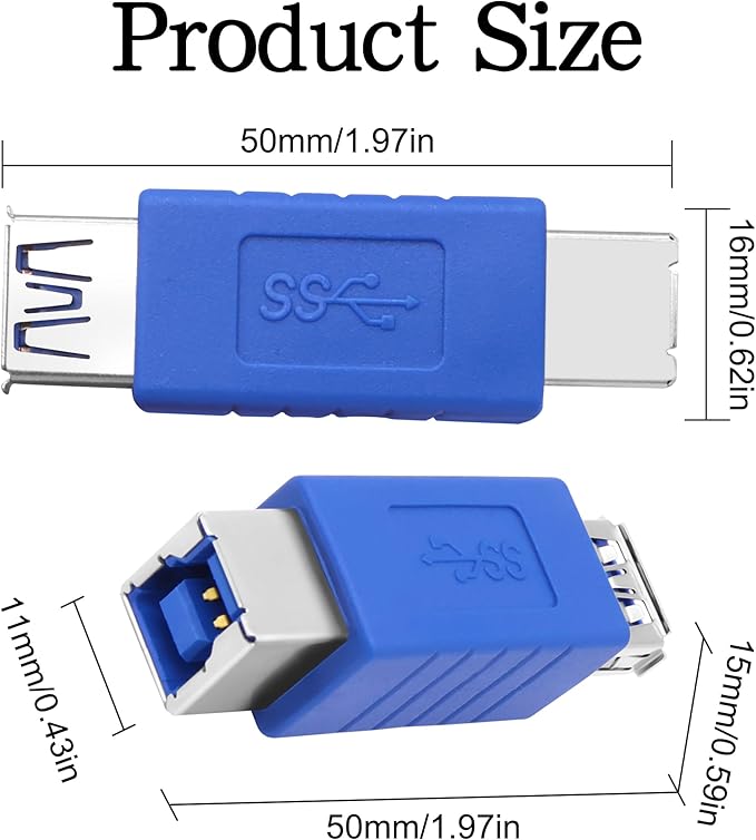 MEIRIYFA USB A to USB 3.0 B Printer Adapter, USB 3.0 Type-B to USB3.0 Type-A Female Adapter Converter 5Gbps for Printer, Scanner, External Hard Drive, Laptops - Blue, 2PCS (USB-B Female)
