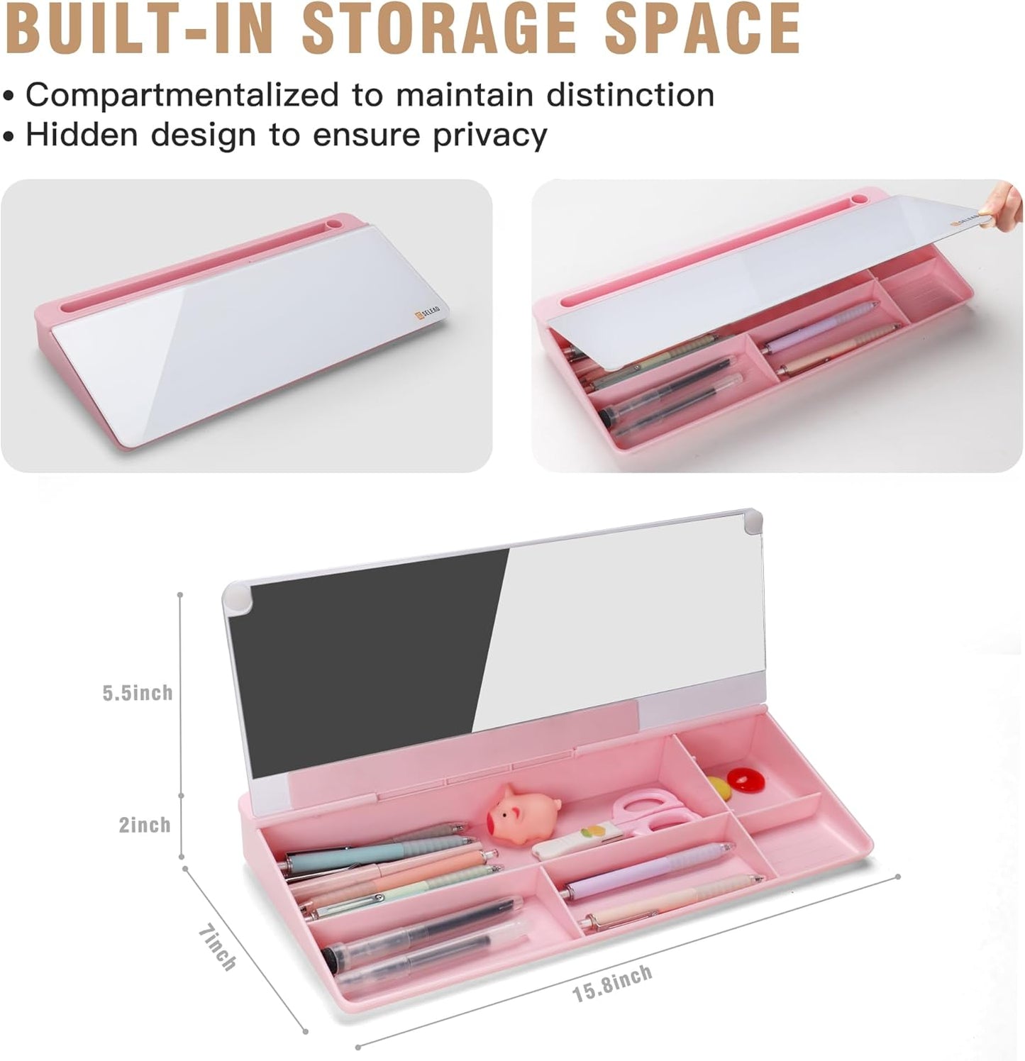 SELEAD Desktop Glass Whiteboard with Organizer & Built-in Mirror - Small Dry Erase White Board Computer Pad Keyboard Stand with Markers, Eraser, Holder for Women Girls - Pink