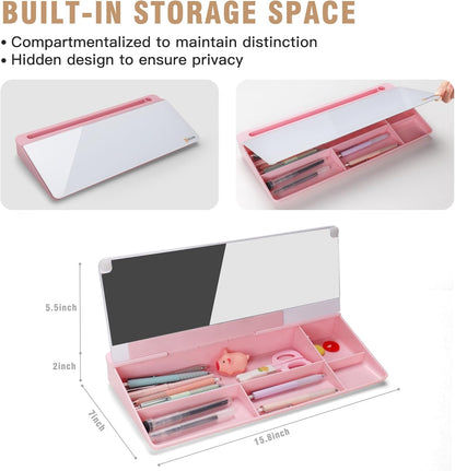 SELEAD Desktop Glass Whiteboard with Organizer & Built-in Mirror - Small Dry Erase White Board Computer Pad Keyboard Stand with Markers, Eraser, Holder for Women Girls - Pink