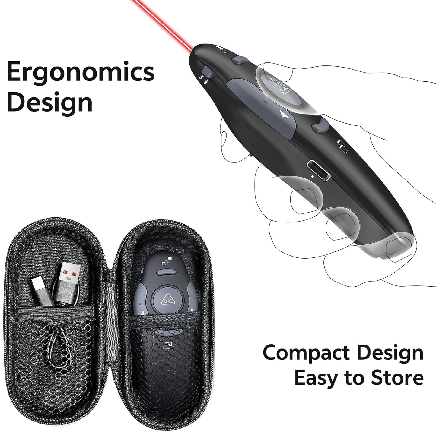Presentation Clicker with Case Storage: PowerPoint Wireless Presenter Remote USB Type C Rechargeable Red Laser Pointer Clickers for Computer Project Mac PPT Slideshow Google Slide Advancer