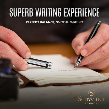 Scriveiner Black Green Fountain Pen - Stunning Luxury Pen with Chrome Finish, Schmidt Nib (Fine), Best Pen Gift Set for Men & Women, Professional, Executive, Office, Nice Pens