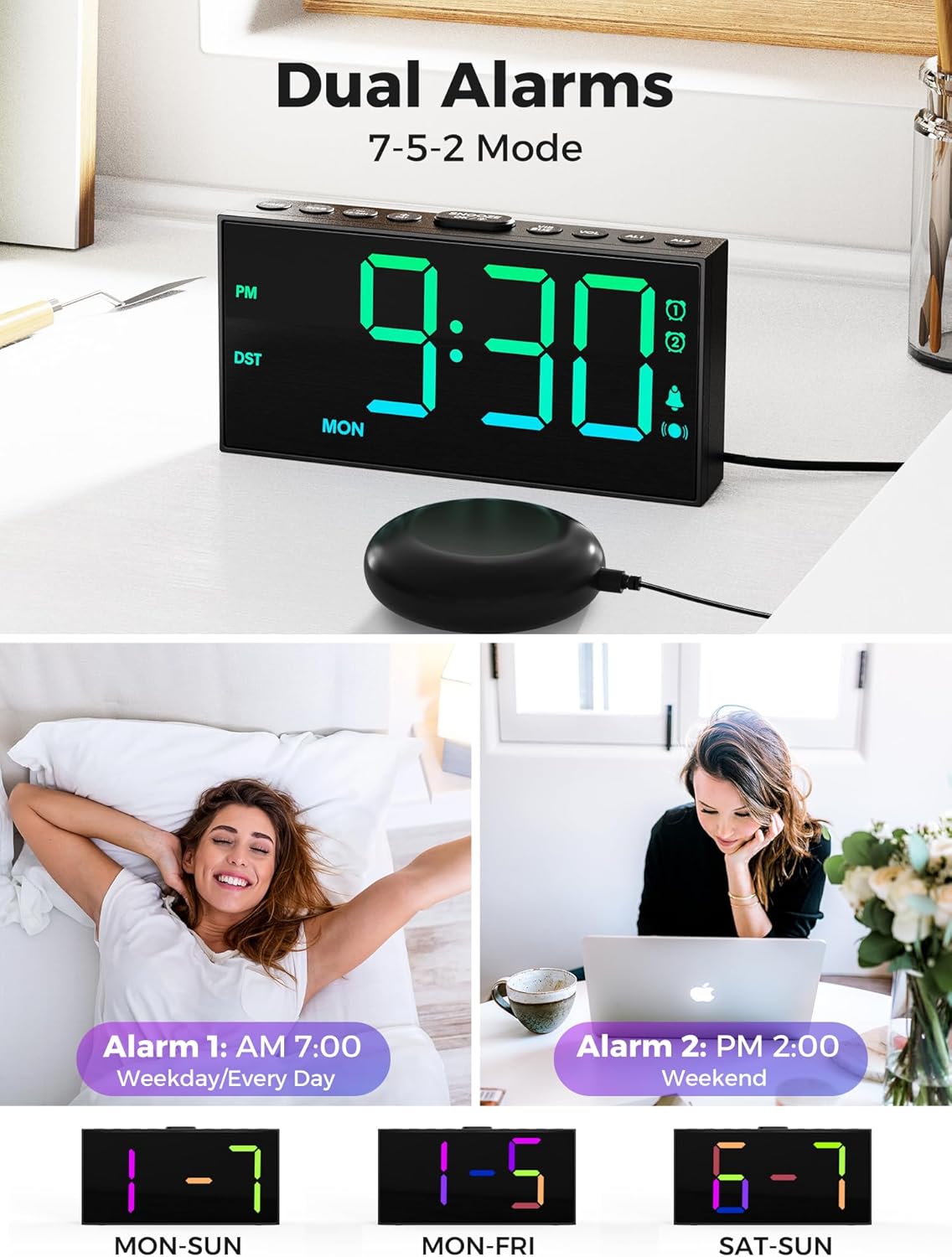 PPLEE RGB Bed Shaker Alarm Clock for Heavy Sleepers, Loud Vibrating Digital Clock with Dual Alarms, 3 Wake Modes, Weekday Display, Bedside USB Charger, Battery Backup, Dimmable for Kids Teens Seniors