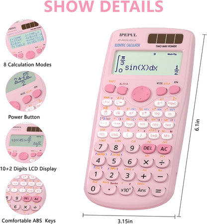 Scientific Calculators, IPepul Pink Math Calculator with 417 Function, Solar Battery Power and 4-Line Display, School Supplies for Middle High College Students Teachers (Pink 991ES Plus)