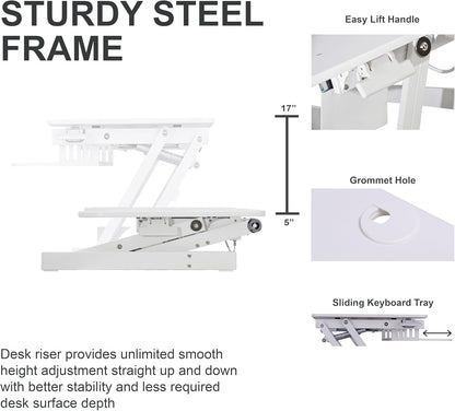 Rocelco 37.5" Height Adjustable Standing Desk Converter with Dual Monitor Mount and Anti-Fatigue Mat - Slide Out Retractable Keyboard Tray - Sit Stand Up Tabletop Riser - White (R DADRW-DM2-MAF)