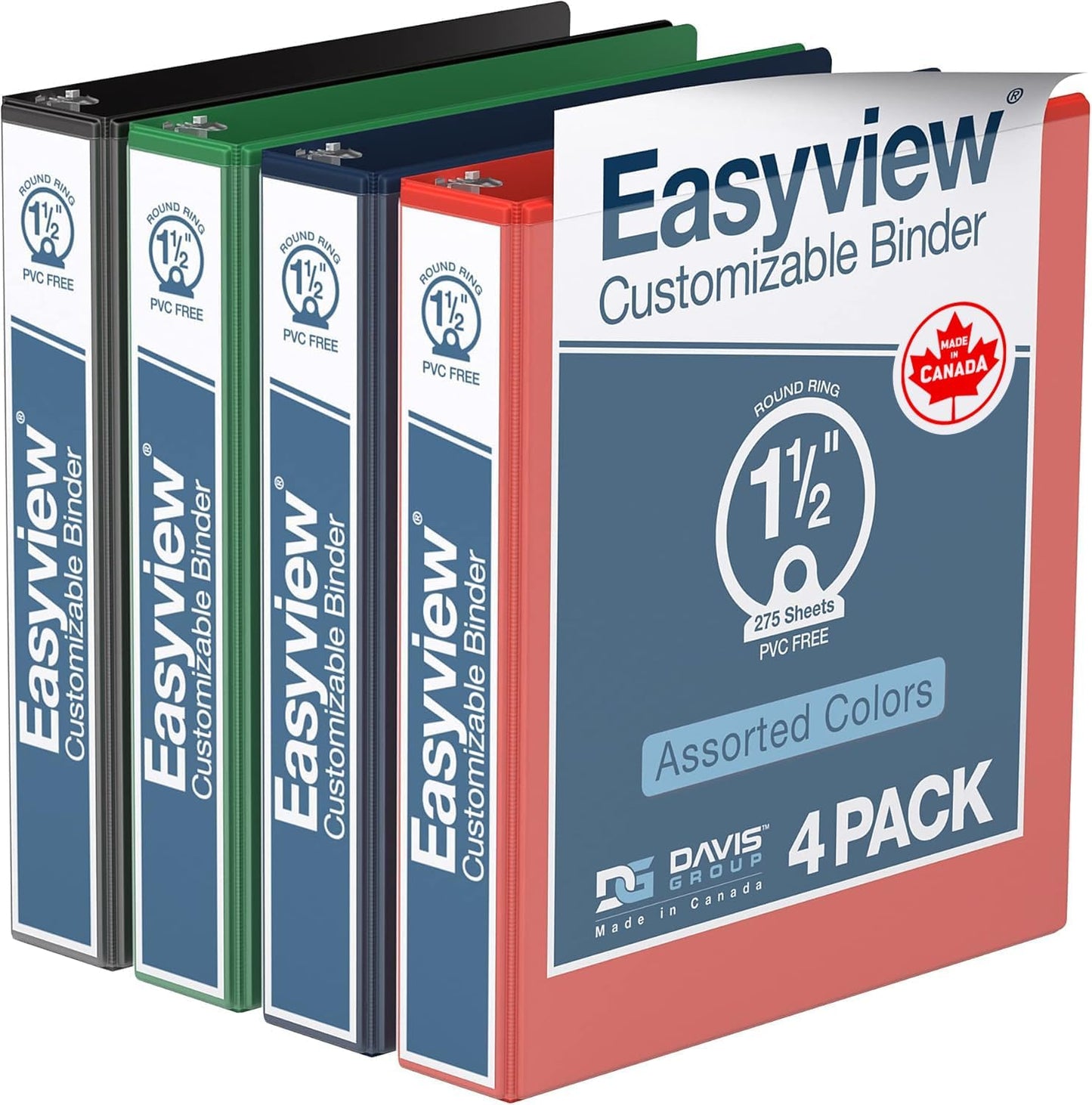 Easyview Premium 1.5-Inch Binders with Clear-View Covers, 3-Ring Binders for School, Office, or Home, Colored Binder Notebooks, Pack of 4, Round Ring, Classic Colors