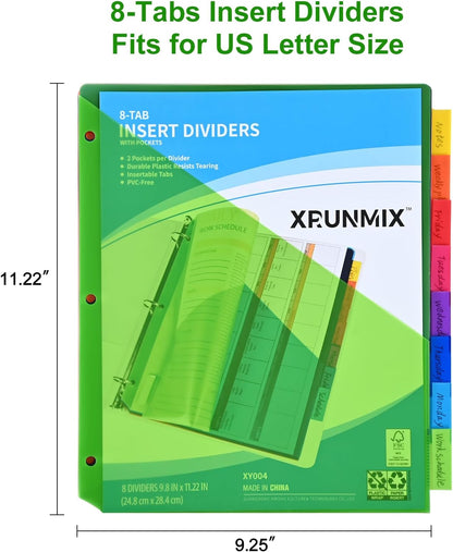 8-Tab Binder Dividers - Index Pockets Divider for 3 Ring Binders, 3-Hole Plastics Sheets Protectors for US Letter Size in 0.5'', 1'', 2'', 3 inch Binders, 8 Colors (XY004) (12 Packs)