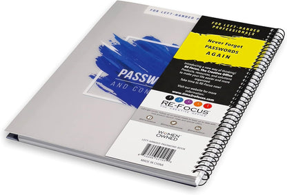 RE-FOCUS THE CREATIVE OFFICE, Left-Handed Password Keeper Book, Spiral with Alphabetical Tabs. Passwords, Usernames and Contacts. Blue, Durable and lasts. Perfect for Lefties (Blue)