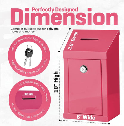 Metal Donation Box-Suggestion Box with Slot and lock-Cash Lock box for Money-Secure Drop Box-Comment and ballot voting box-comes with pre-drilled holes for easy wall mounting 10 X 6 X 2.5"(Pink)