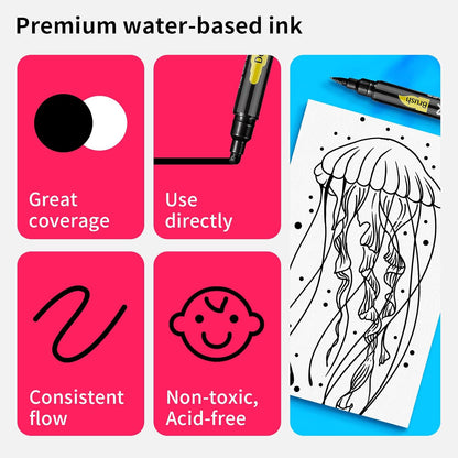 NAWOD 3 Black Acrylic Paint Pens, Acrylic Paint Markers Dual Tip (Dot Tip + Brush Tip), Acrylic Permanent Markers for Rock, Fabric, Canvas, Ceramic, Glass, Wood, Paper, Labeling, Drawing, DIY Crafts