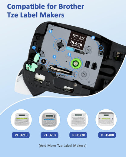 Tze335 Tze 12mm 0.47 Laminated Black Label Maker Tape Compatible for Brother Tze-335 Tz-335 Tz 1/2 Refill Work for Ptouch PT-D210 PT-D220 PT-H110 PT-D400 PT-D600, White on Black, 4 Pack