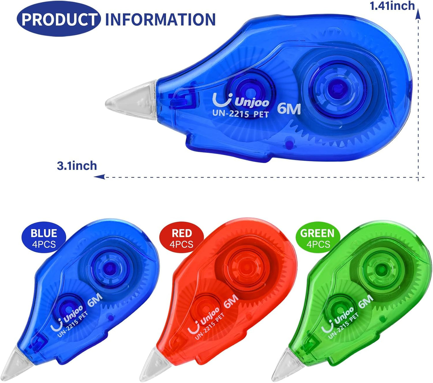 White Correction Tape Dispenser, 12-Count Pack, Easy To Use Applicator, Fast, Clean Tear-Resistant Tape For school Supplies, Office (6M/256, 3 colors, Tape Width 0.2in)