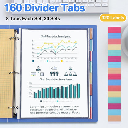 ReliThick 20 Set of 160 Pack Clear Sheet Protectors 8.5 x 11 Inch Page Protector for 3 Ring Binder with 8 Tabs Plastic Dividers for 3 Ring Binder, Insertable Index Page Divider Multicolor Tabs