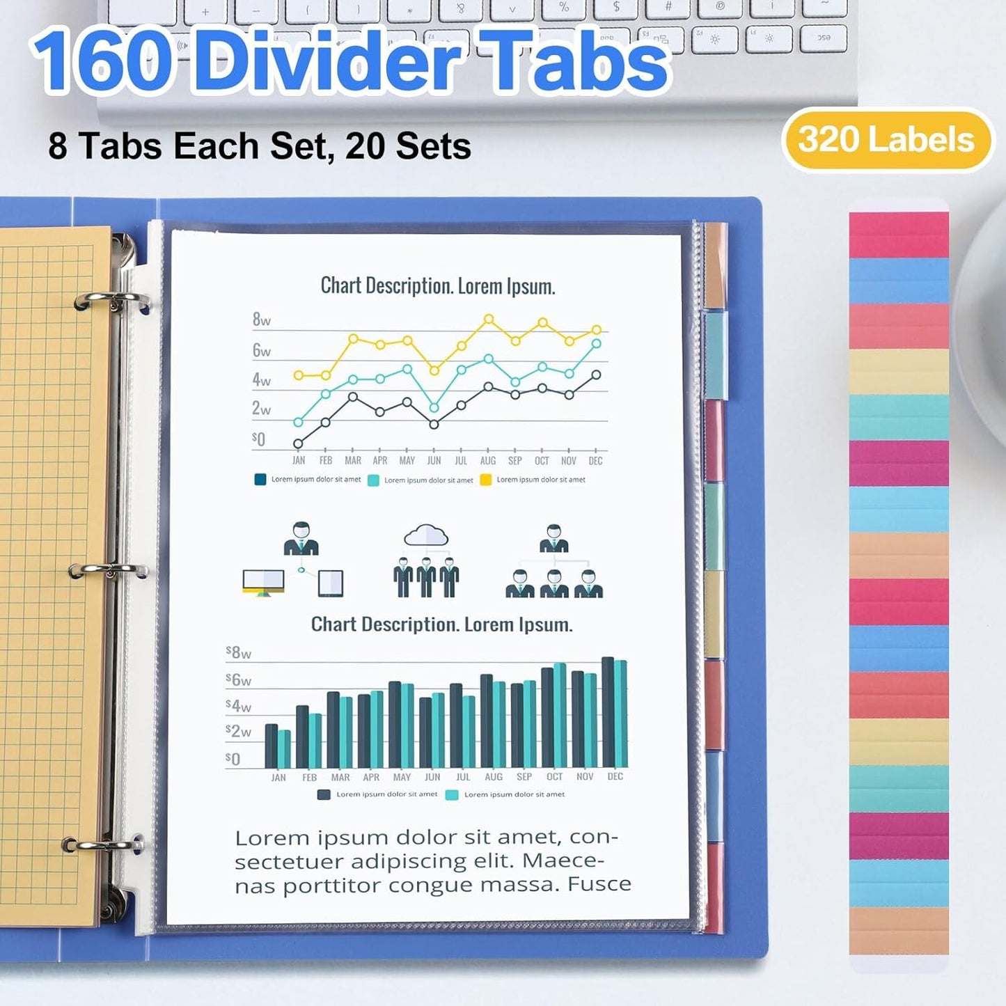 ReliThick 30 Set of 240 Pack Clear Sheet Protectors 8.5 x 11 Inch Page Protector for 3 Ring Binder with 8 Tabs Plastic Dividers for 3 Ring Binder, Insertable Index Page Divider Multicolor Tabs