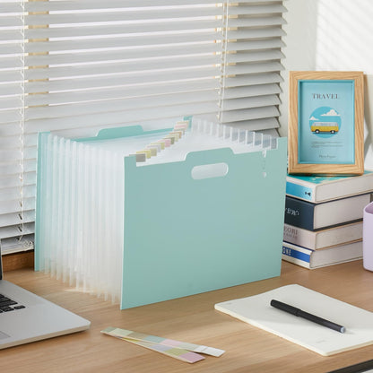 Y YOMA 2 Pack Accordion File Organizer with Handle 12 Pockets Expanding File Folder with Removable Tabs for A4 Letter Size Paper Portable Plastic Filing Organizer Bill Receipt Holder, Mint Green