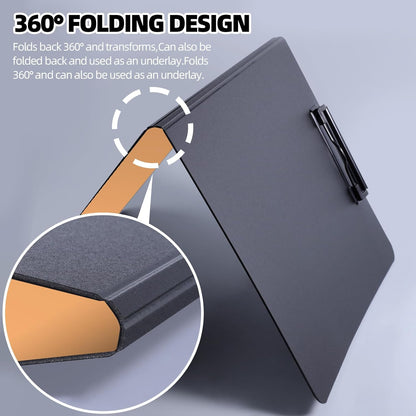 Clipboard Folder, A4 Foldable Clipboard with Horizontal and Vertical Double Metal Clips, 360 Degree Foldable Binder Clipboards with Pen Holder, File Cover Work Folder Clipboards, Orange