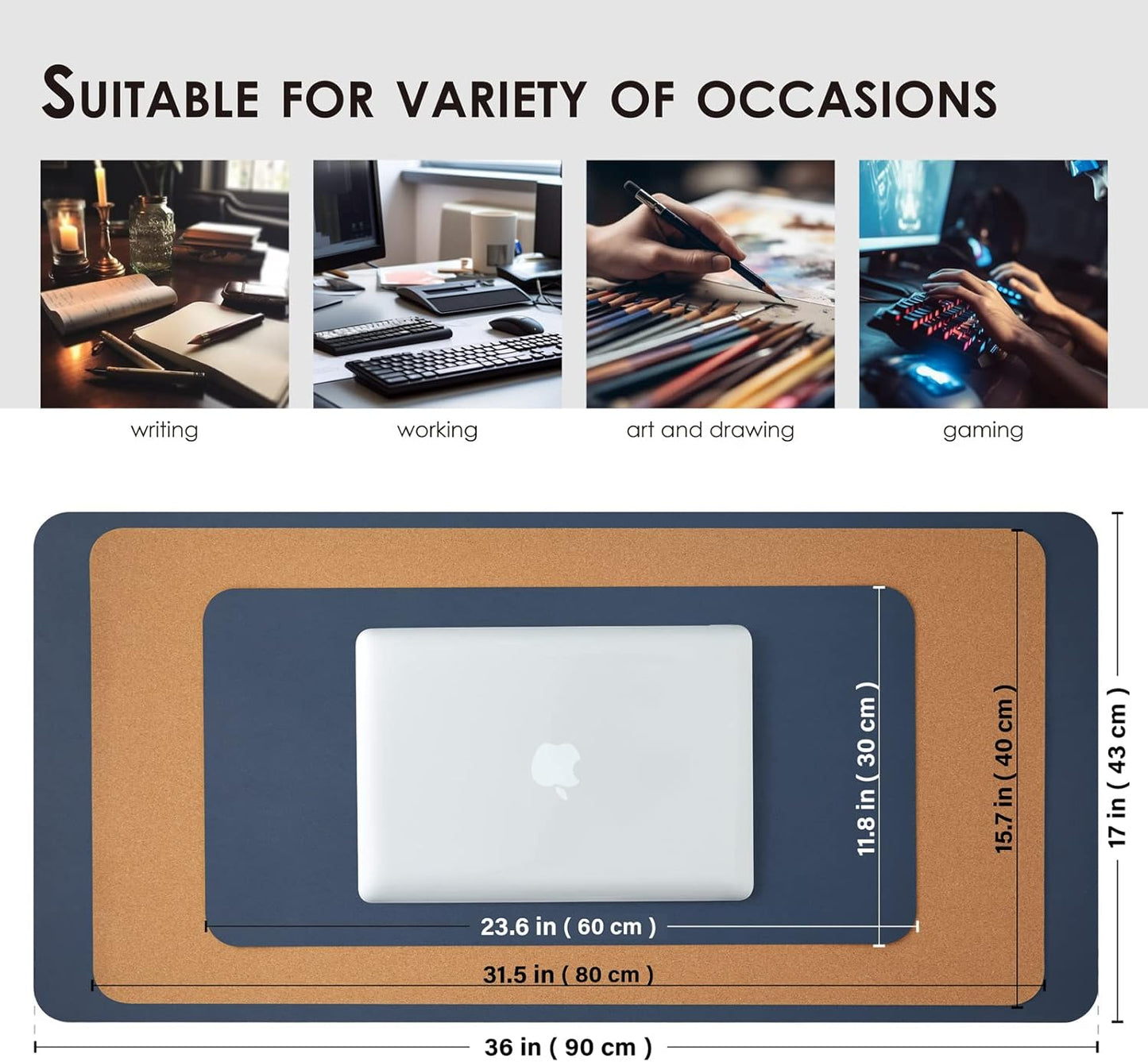 Compact Cork Desk Mat - Small Dual-Sided Desk Pad for Office and Home - Desk Organization and Accessories - Ideal for Large Mouse Pad and Small Desk Mats on Top of Desks(Dark Blue,23.6"x 11.8")