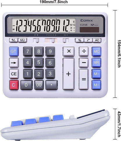 Comix Desktop Calculator Solar Battery Dual Power with 12-Digit Large LCD Display and Large Computer Keys Standard Function Calculator for Home Office School, White