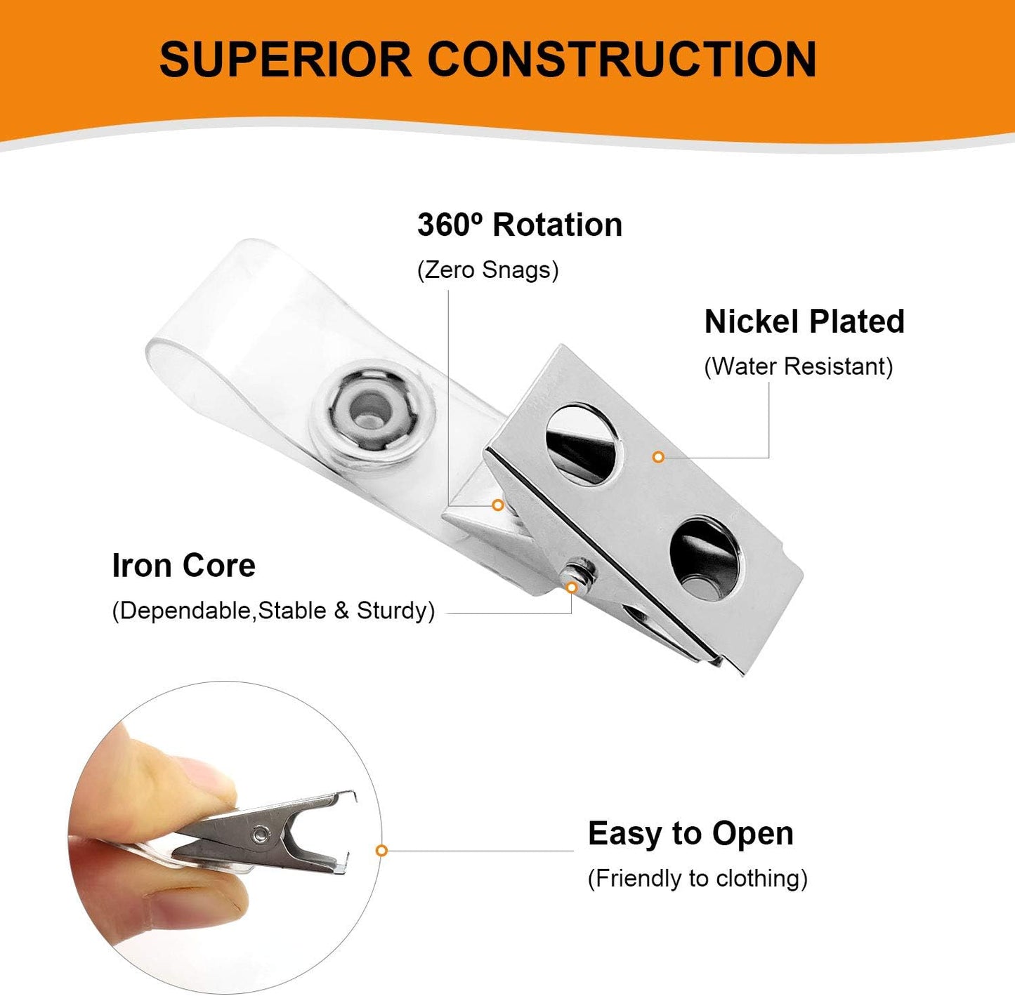 Fushing 100Pcs Metal Badge Clips with Clear PVC Straps for ID Cards and Badge Holders