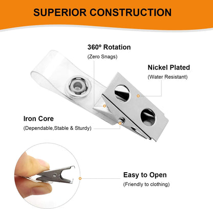 Fushing 300Pcs Metal Badge Clips with Clear PVC Straps for ID Cards and Badge Holders
