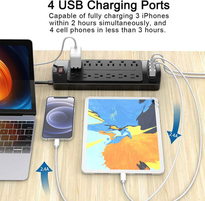 Power Strip, Tcstei Surge Protector with 12 Outlets and 4 USB Ports, 20 Feet Extension Cord (1875W/15A) for Home, Office, Dorm Essentials, 2700 Joules, ETL Listed, Black