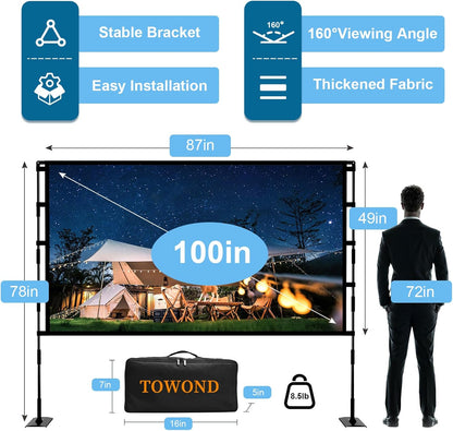 TOWOND Projector Screen and Stand, 100 inch Outdoor Projector Screen Indoor, Portable Movie Screen 16:9 4K Front Rear Projection Screen with Carry Bag Wrinkle-Free Design for Home Backyard Theater
