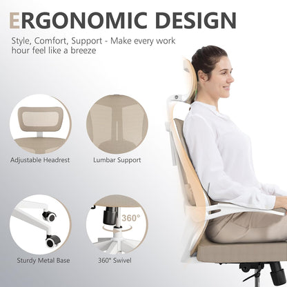 Desk Offiice Chair, Ergonomic Comfy Mesh Chair, Home High Back Gaming Executive Chair with Wheels, Compute Capacity 350LBS, Lumbar Support, Adjustable Headrest, Flip-up Armrest