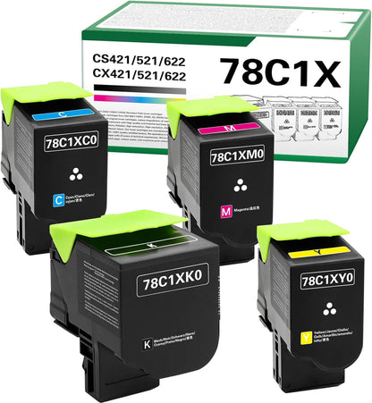 78C1X CS421 CX522 CS521 Toner Cartridge Extra High Yield Compatible for Lexmark CS421 CS521 CS622 CX522 CX421 CX622 CX625 Printer with 78C1XK0 78C1XC0 78C1XM0 78C1XY0（4 Pack 78C1X Toner）