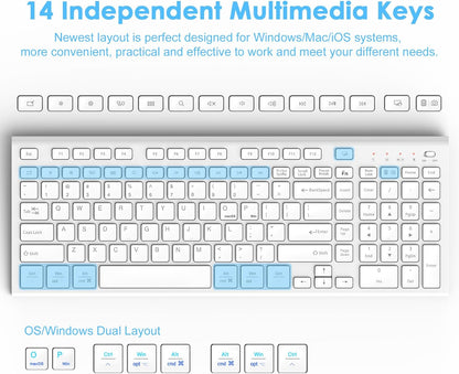 FENIFOX Wireless Keyboard Mouse Combo, Ergonomic Rechargeable Silent Quiet Slim Compact Full-Size USB C with Number Pad Flat Soft Cover for PC Computer Laptop Mac MacBook iMac TV Windows OS - White