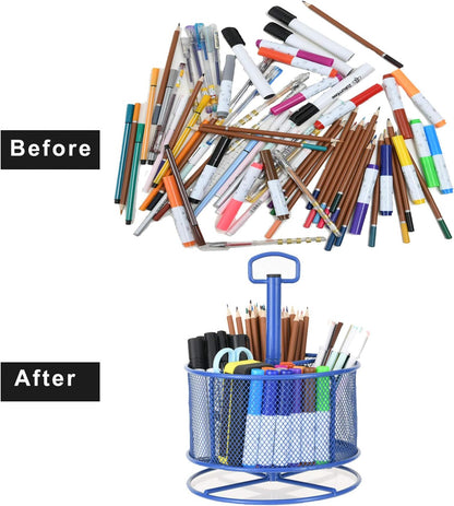 Marbrasse Mesh Desk Organizer, 360-Degree Rotating Multi-Functional Pen Holder, 4 Compartments Desktop Stationary Organizer, Home Office Art Supply Storage Box Caddy (Blue)