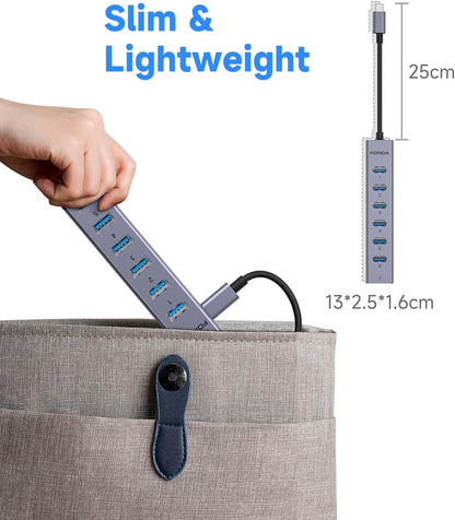 FORIDA USB C to USB Hub, 8 Ports USBC HUB with 7 USB 3.0 Data Ports, Aluminum Alloy Shell USB Splitter with USB C 5V/3A Power Port for Laptop PC and More