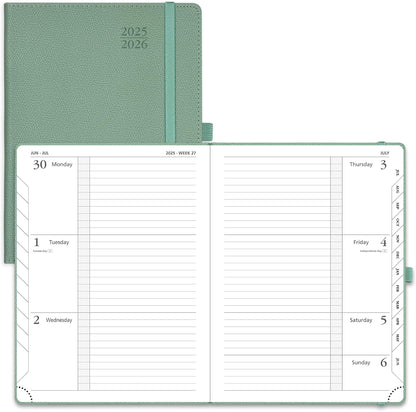 POPRUN Planner 2025-2026 (Medium 6.75''x 8.75''), Horizontal Weekly Notebook Jul.2025 - Jun.2026, Academic Appointment Book with Monthly Tabs, Leather Hardcover, Inner Pocket, 100 GSM - Midnight Green
