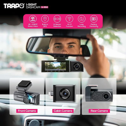 i-Sight S550 – Dash Cam Front and Rear Plus Cabin for Cars. Dash Camera for Cars with 60fps, 4K Dashcam, Built-in GPS, Wi-Fi, Lane Departure Alert, Parking Mode & G-Sensor