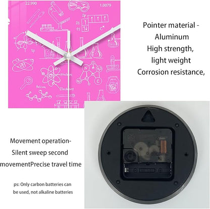 XNM Pink Chemical Clock for Girls Bedroom Wall Clocks Battery Operated Round Glass Analog Science 12 Inch Silent Wall Clock