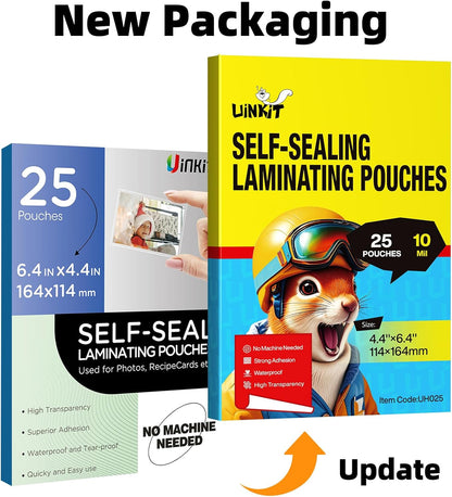 Uinkit 25 Pack 4x6 Inch Self Sealing Laminating Pouches, Waterproof Lamination Pouches, Permanent Adhesive 10mil Thickness No Need Machine (4.5x6.5Inchesx25Pack)