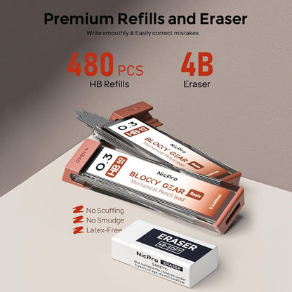 Nicpro 3 Pack Blocky Gear 0.3 mm Metal Mechanical Pencils Set with Case, Lead Drafting Pencil with 8 Tube (480PCS) Lead Refills, 4 Erasers, 18 Eraser Refills for Art Writing, Sketching Drawing