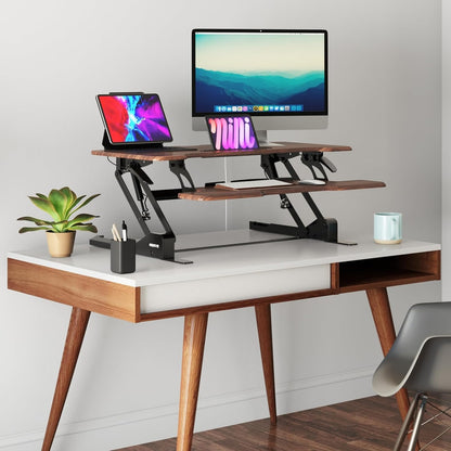 Mount-It! 38 Inch Standing Desk Converter, Sit Stand Desk Riser for Dual Monitors with Keyboard Tray, Height Adjustable Desktop Workstation, Easy Lift Gas Spring, Rustic Walnut Brown