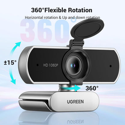 UGREEN Full HD 1080P Webcam with Microphone, 2 Noise-Canceling Mics, 85° Fov & Fixed Focus, Plug and Play, Auto Light Correction, Privacy Cover PC Camera for Zoom/Skype/Teams, Switch 2, Silver Gray