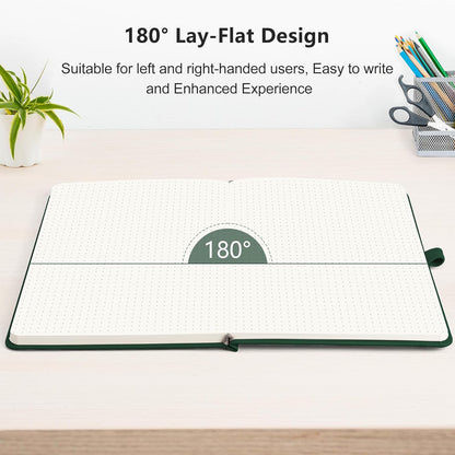 RETTACY Bullet Dotted Journal Notebook, 2-Pack, 160 Numbered Pages per Pack, A5 Medium Size (5.7'' x 8.3''), 120 GSM Thick Paper, Leather Hardcover, for Bullet Journaling (Black & Dark Green)