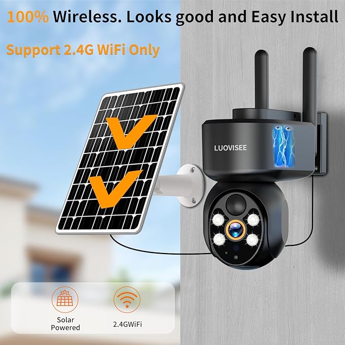 2K Solar Security Camera Wireless Outdoor,WiFi Cameras for Home Security Battery-Powered,Compatible with Alexa,360°PTZ Full Color Night Vision,PLR Alarm,2-Way Audio,Cloud/SD Storage