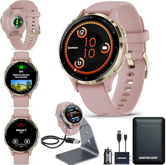 Garmin Venu 3S Running GPS Smartwatch with AMOLED Display, Advanced Health, Fitness Features, Up to 14 Day Battery Life with Signature Power Bundle | Soft Gold with Dust Rose Silicone Band
