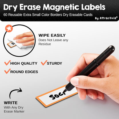 Dry Erase Magnetic Labels 2.8 x 1.2 in, Color Borders, Dry Erase Magnets, 60-Pack, White Erasable Write-On All-Purpose Labels, for Office, Education, Home, Whiteboard, Magnetic Name Tags
